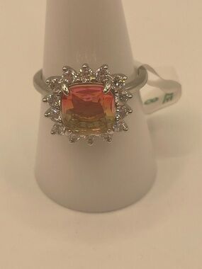 Sterling Silver 925 Watermelon Tourmaline Gradient Cushion Halo Ring Size 8